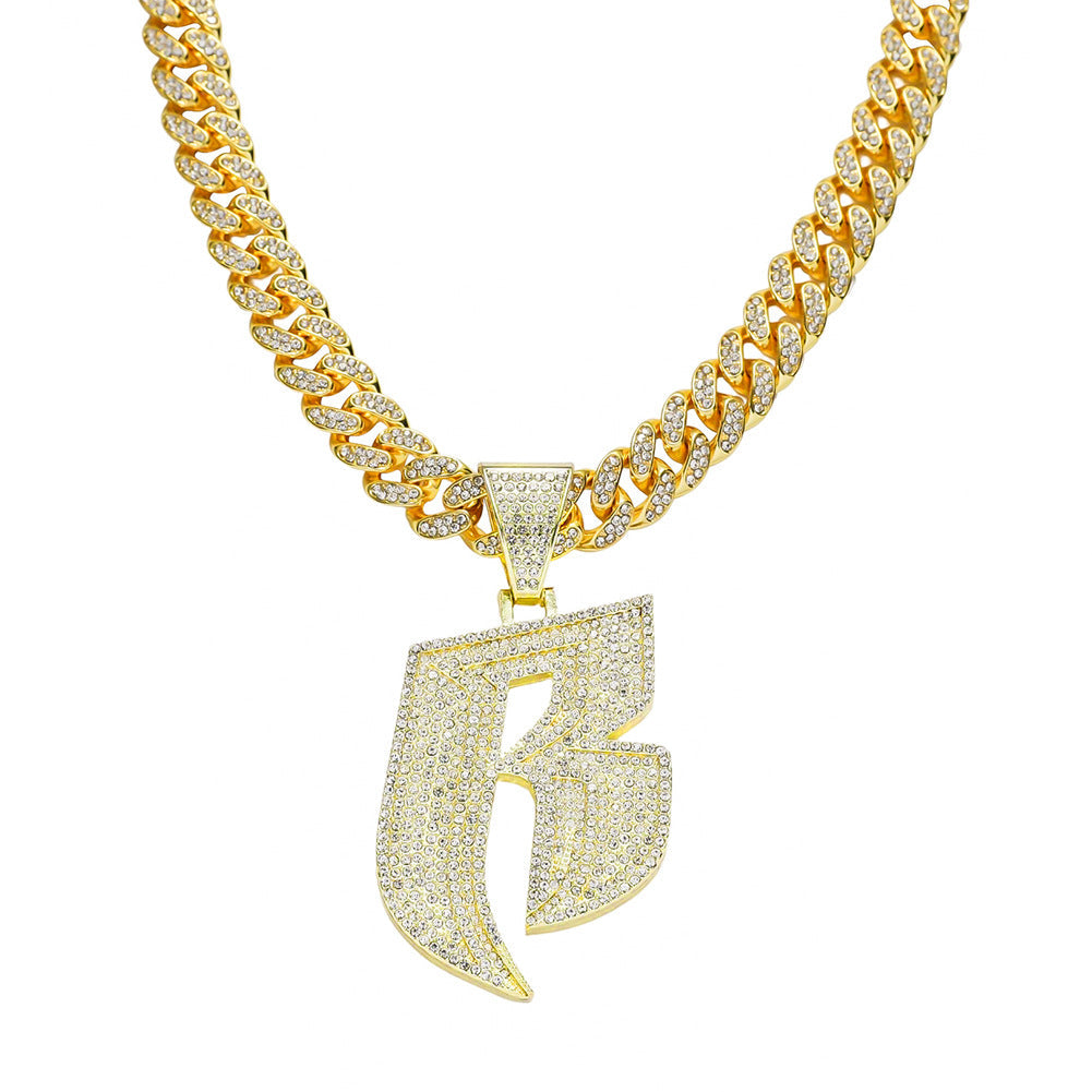 "R" Iced Out Cuban Link Necklace